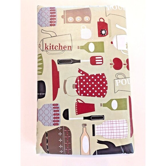 Cooking Utensils Vinyl Tablecloth Flannel Backing Retro KItchen Tools 52 X 90-in - Picture 4 of 4